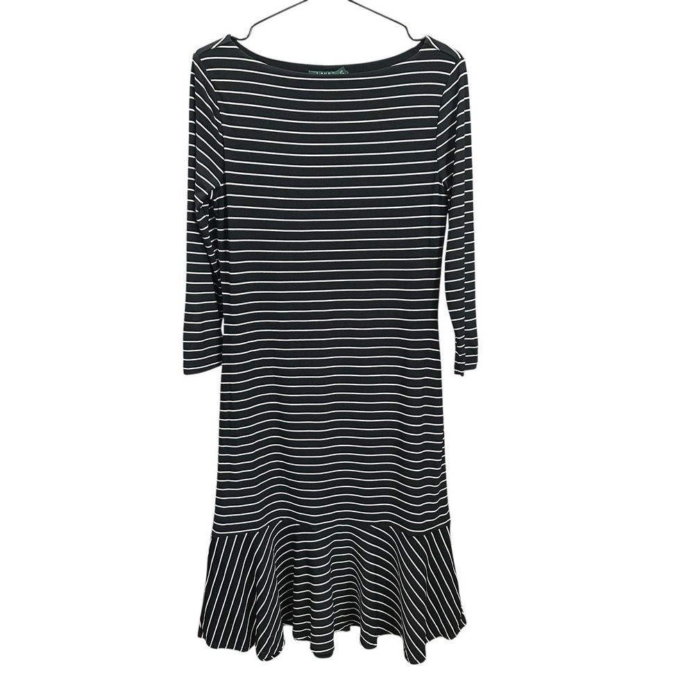 Ralph Lauren Women Stripes Black White Stretch 3/4 Sleeve Flowy Bottom Size S - Picture 1 of 6
